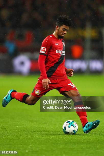 Benjamin Henrichs of Bayer 04 Leverkusen in action during the Bundesliga match between Bayer 04 Leverkusen and SV Werder Bremen at BayArena on...
