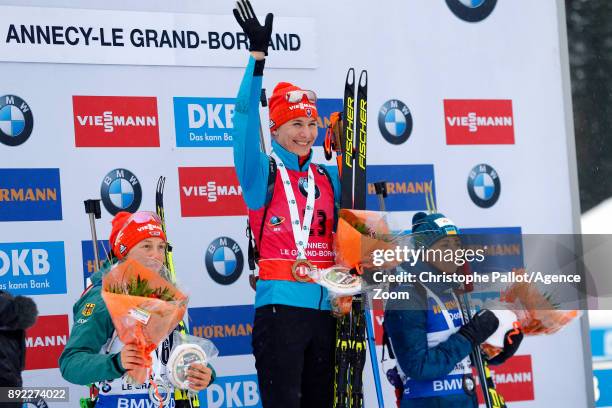 Anastasiya Kuzmina of Slovakia takes 1st place, Laura Dahlmeier of Germany takes 2nd place, Vita Semerenko of Ukraine takes 3rd place during the IBU...