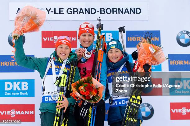 Anastasiya Kuzmina of Slovakia takes 1st place, Laura Dahlmeier of Germany takes 2nd place, Vita Semerenko of Ukraine takes 3rd place during the IBU...