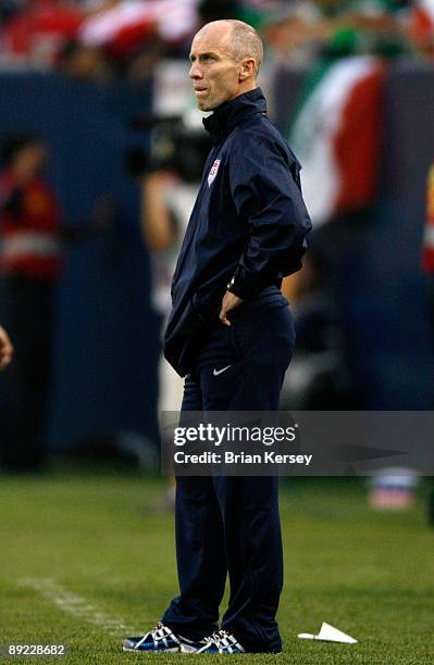 Head coach Bob Bradley of the USA looks on against Honduras during their CONCACAF Cup Semifinal match at Soldier Field on July 23, 2009 in Chicago,...