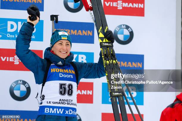 Vita Semerenko of Ukraine takes 3rd place during the IBU Biathlon World Cup Women's Sprint on December 14, 2017 in Le Grand Bornand, France.