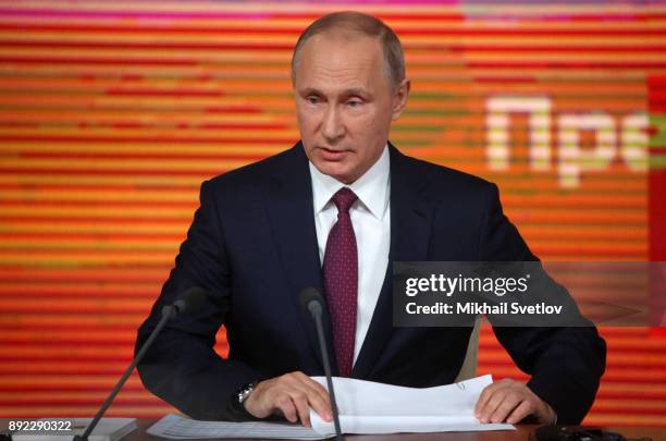 Russian President Vladimir Putin speaks during his annual press conference on December 14, 2017 in Moscow, Russia.