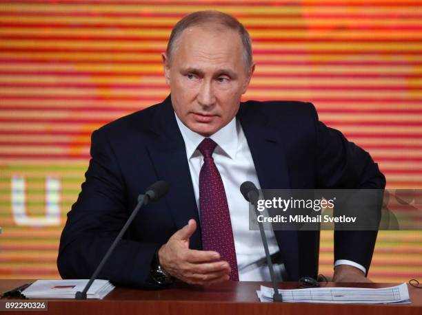 Russian President Vladimir Putin speaks during his annual press conference on December 14, 2017 in Moscow, Russia.