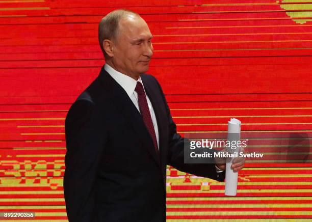 Russian President Vladimir Putin arrives for his annual press conference on December 14, 2017 in Moscow, Russia.