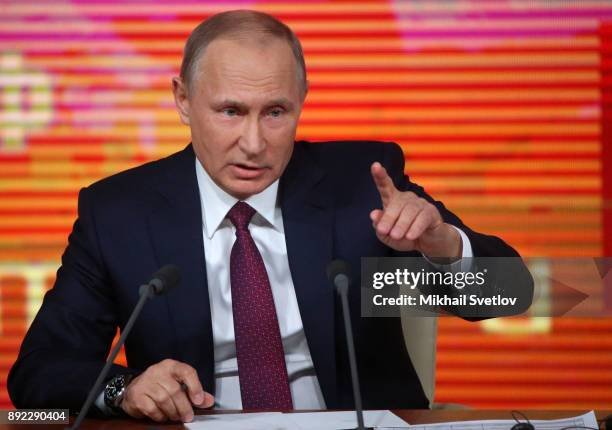 Russian President Vladimir Putin speaks during his annual press conference on December 14, 2017 in Moscow, Russia.