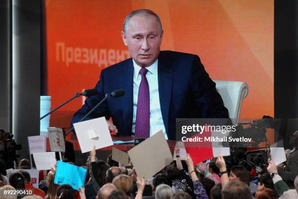 Russian President Vladimir Putin speaks during his annual press conference on December 14, 2017 in Moscow, Russia.