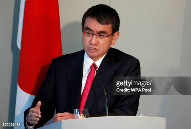 Japanese Foreign Minister Taro Kono speaks during a press conference at the National Maritime Museum on December 14, 2017 in London, England. The...