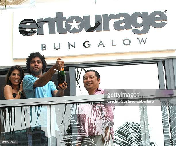 Actors Perrey Reeves, Adrian Grenier and Rex Lee unveil the Entourage Bungalow at W South Beach on July 23, 2009 in Miami Beach, Florida.