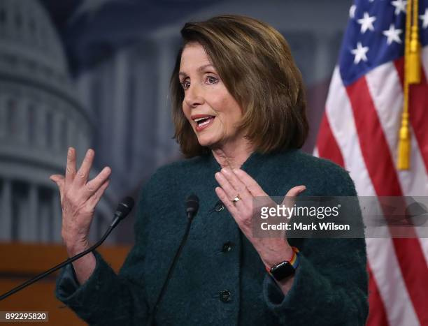 House Minority Leader Nancy Pelosi speaks about the Republican tax reform legislation currently before congress, during her weekly briefing on...