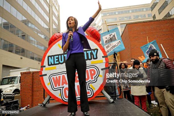 Federal Communication Commission Commissioner Jessica Rosenworcel addresses protesters outside the Federal Communication Commission building to rally...