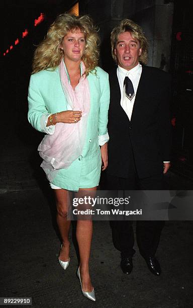 Rod Stewart and wife Rachel Hunter at Langan's Brassrie on April 2, 1992 in London, England.