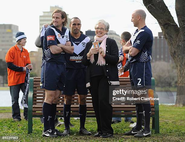 Nick Ward, Archie Thompson Kevin Muscat are seen during the Melbourne Victory A-League television commercial shoot at Albert Park Lake on July 24,...