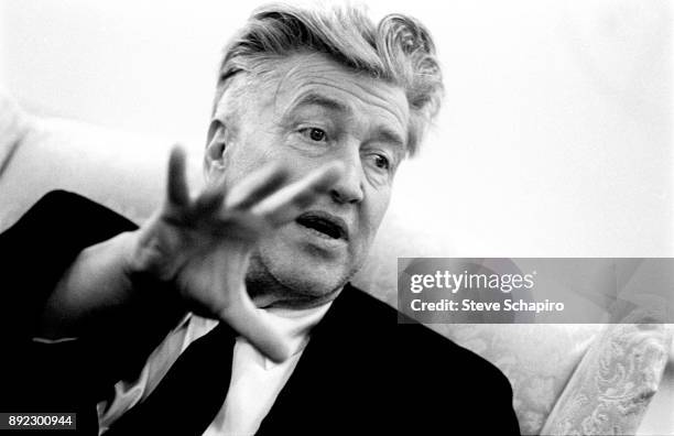 View of American film director David Lynch, seated in an armchair, as he gestures while he speaks, Iowa, 2005.