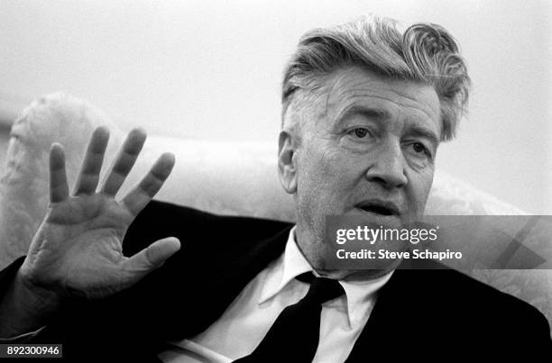 View of American film director David Lynch, seated in an armchair, as he gestures while he speaks, Iowa, 2005.