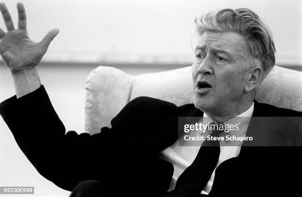 View of American film director David Lynch, seated in an armchair, as he gestures while he speaks, Iowa, 2005.