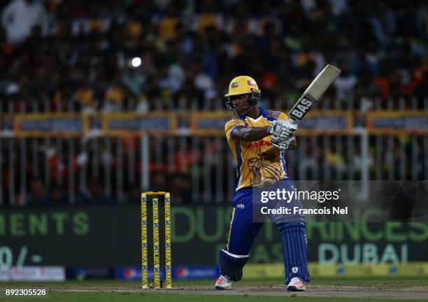 Johnson Charles of Bengal Tigers bats during the T10 League match between Bengal Tigers and Kerala Kings at Sharjah Cricket Stadium on December 14,...