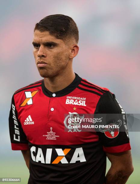 Brazil's Flamengo player Cuellar, poses before the start of their Copa Sudamericana football final match against Argentina's Independiente, at the...