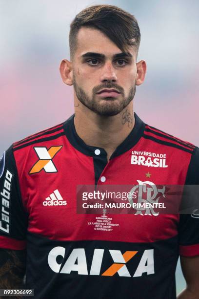 Brazil's Flamengo player Felipe Vizeu sings his national anthem, before the start of their Copa Sudamericana football final match against Argentina's...