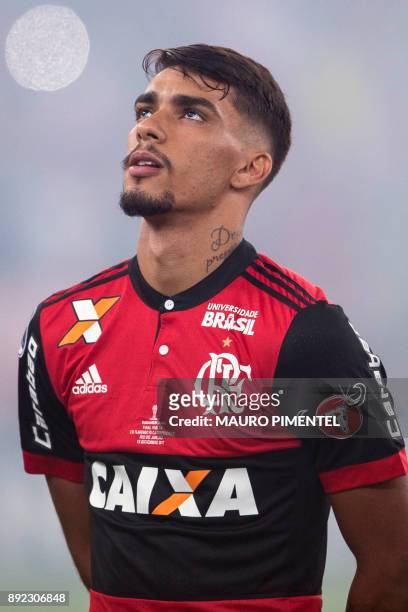 Brazil's Flamengo player Lucas Paqueta sings his national anthem, before the start of their Copa Sudamericana football final match against...