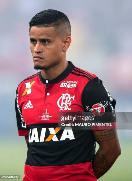 Brazil's Flamengo player Everton sings his national anthem, before the start of their Copa Sudamericana football final match against Argentina's...