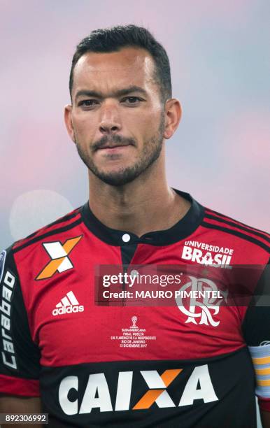 Brazil's Flamengo player Felipe Vizeu sings his national anthem, before the start of their Copa Sudamericana football final match against Argentina's...