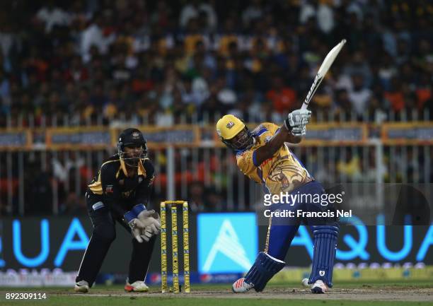 Johnson Charles of Bengal Tigers bats during the T10 League match between Bengal Tigers and Kerala Kings at Sharjah Cricket Stadium on December 14,...