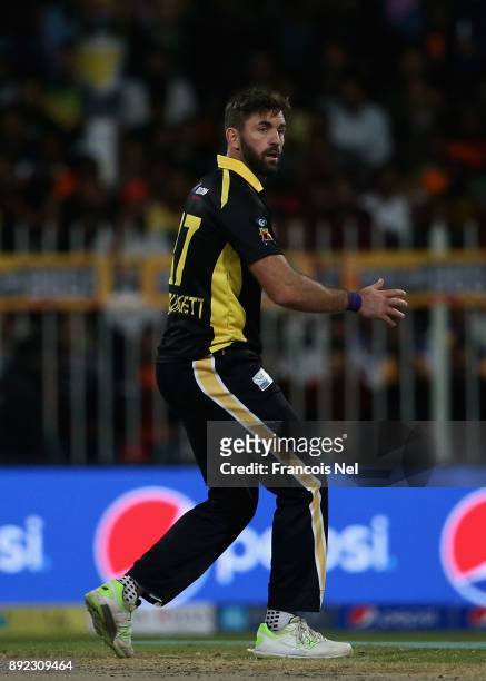 Liam Plunkett of Kerela Kings reacts during the T10 League match between Bengal Tigers and Kerala Kings at Sharjah Cricket Stadium on December 14,...