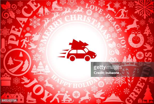 car delivering christmas tree red christmas holiday background - dream deliveries stock illustrations