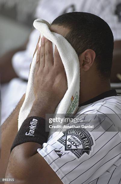 Left fielder Carlos Lee of the Chicago White Sox tries to cool off in the dugout during a game against the Chicago Cubs on June 30, 2002 at Comiskey...