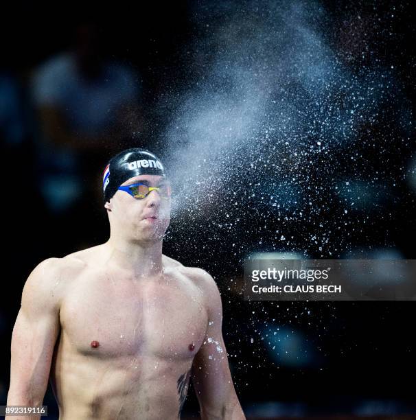 Kyle Stolk of Nederlands reacts prior to the 200m Freestyle final at the LEN European Short Course Swimming Championships at the Royal Arena in...