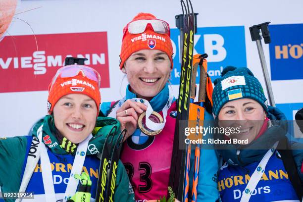 2nd place Laura Dahlmeier of Germany, 1st place Anastasiya Kuzmina of Slovakia and 3rd place Vita Semerenko of Ukraine pose on the podium during the...