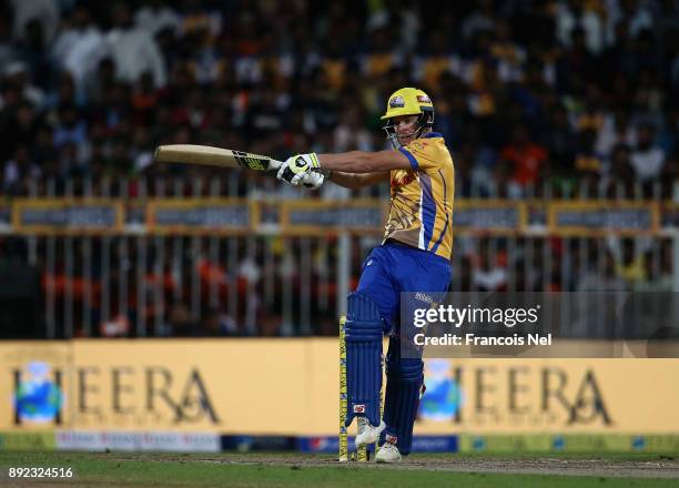 David Miller of Bengal Tigers bats during the T10 League match between Bengal Tigers and Kerala Kings at Sharjah Cricket Stadium on December 14, 2017...