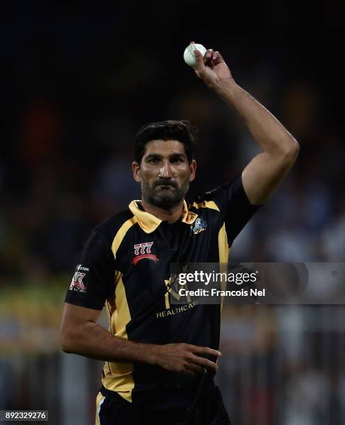 Sohail Tanvir og Kerela Kings looks on during the T10 League match between Bengal Tigers and Kerala Kings at Sharjah Cricket Stadium on December 14,...