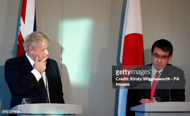 Foreign Secretary Boris Johnson with Japanese Foreign Minister Taro Kono during a press conference at the National Maritime Museum in Greenwich,...
