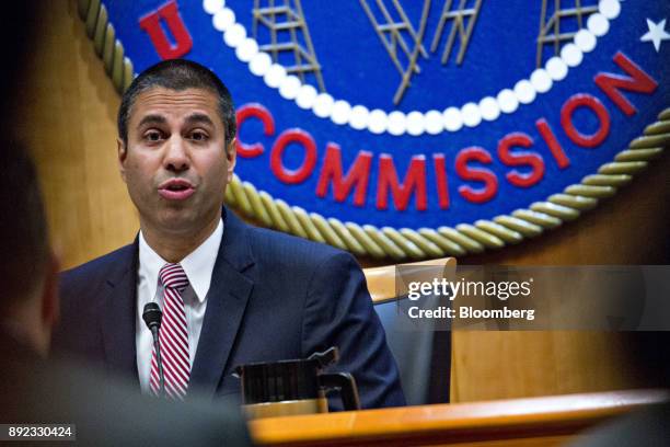 Ajit Pai, chairman of the Federal Communications Commission , speaks during an open commission meeting in Washington, D.C., U.S., on Thursday, Dec....