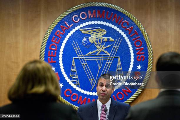 Ajit Pai, chairman of the Federal Communications Commission , speaks during an open commission meeting in Washington, D.C., U.S., on Thursday, Dec....