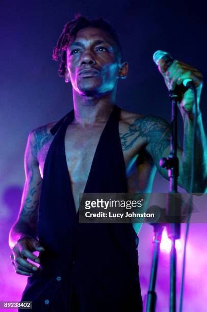 Tricky performs on stage on the last day of Latitude Festival at Henham Park Estate on July 19, 2009 in Southwold, England.