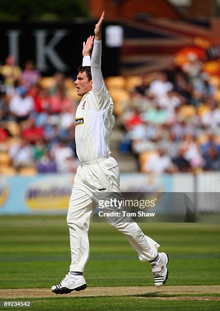 David Wigley of Northampton celebrates taking the wicket of Phillip Hughes of Australia during the tour match between Northamptonshire and Australia...