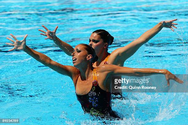Andrea Fuentes and Gemma Mengual of Spain perform during the Duet Free finals at the 13th FINA World Championships at the Stadio Pietrangeli on July...