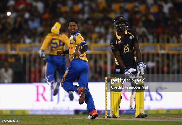 Aamer Yami of Bengal tigers celebrates the wicket of Chadwick Walton during the T10 League match between Bengal Tigers and Kerala Kings at Sharjah...