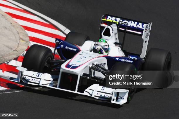 Nick Heidfeld of Germany and BMW Sauber drives during practice for the Hungarian Formula One Grand Prix at the Hungaroring on July 24, 2009 in...