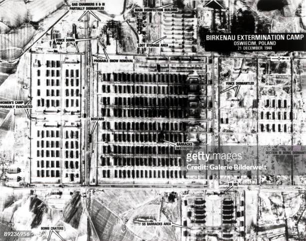 An aerial reconnaissance photograph of Auschwitz concentration camp in Poland, showing Auschwitz II , 21st December 1944. It is one of a series of...