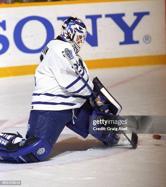 Felix Potvin of the Toronto Maple Leafs skates against the Vancouver Canucks during NHL game action on March 17, 1996 at Maple Leaf Gardens in...