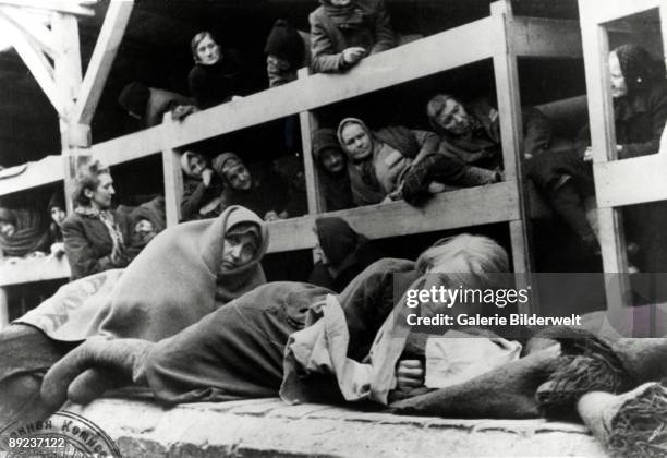 Women in the barracks at Auschwitz, Poland, January 1945. Photo taken by a Russian photographer shortly after the liberation of the camp.