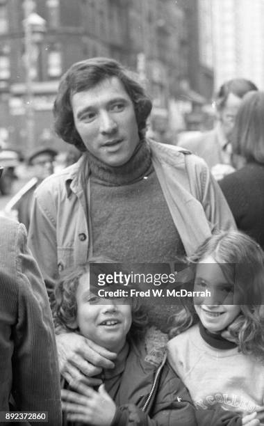 View of American playwright Israel Horovitz, with his children, Adam and Rachel, outside the Village Gate for the OBIE Awards , New York, New York,...