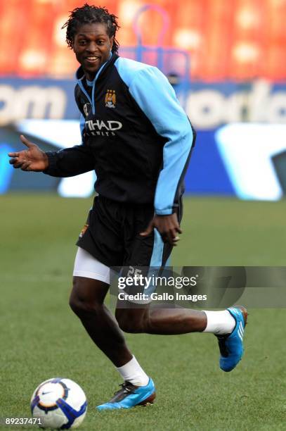 Emmanuel Adebayor of Manchester City in action during a Manchester City training session from Loftus Versfeld Stadium on July 24, 2009 in Pretoria,...