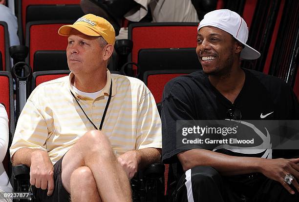 President of Basketball Operations Danny Ainge and Paul Pierce of the Boston Celtics watch the action between the Toronto Raptors and the Phoenix...