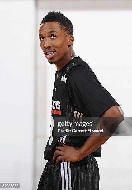 Brandon Jennings of the Milwaukee Bucks stands on the court during NBA Summer League presented by EA Sports against the Chicago Bulls on July 15,...