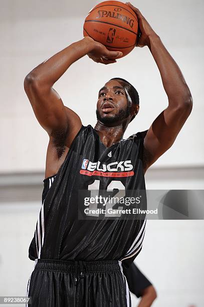 Luc Mbah a Moute of the Milwaukee Bucks shoots a free throw during NBA Summer League presented by EA Sports against the Chicago Bulls on July 15,...