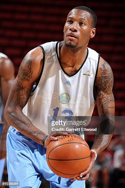 Sonny Weems of the Denver Nuggets shoots a free throw during NBA Summer League presented by EA Sports against the Washington Wizards on July 15, 2009...